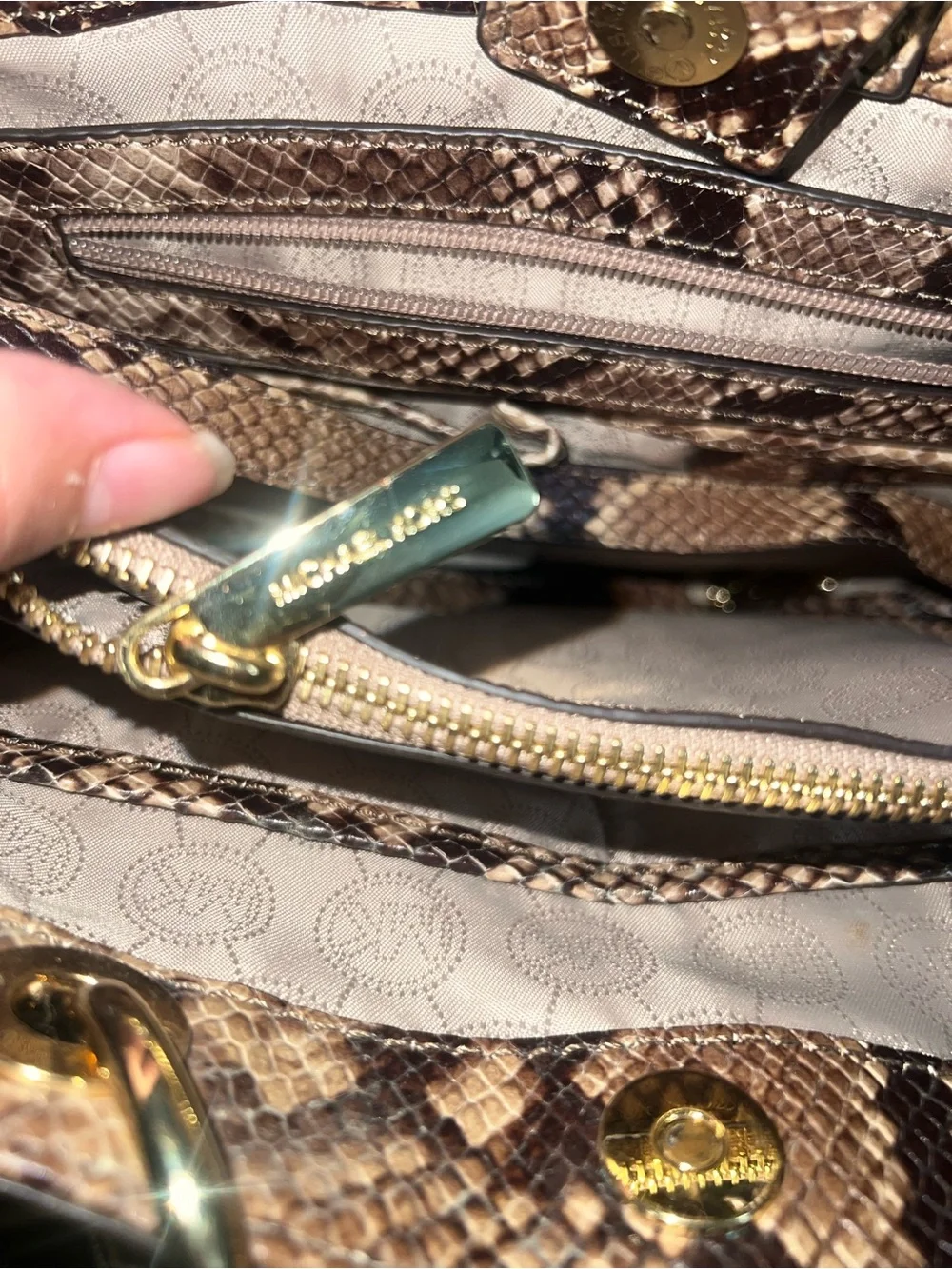 Michael Kors Brown Snake-Print Satchel with Gold Hardware